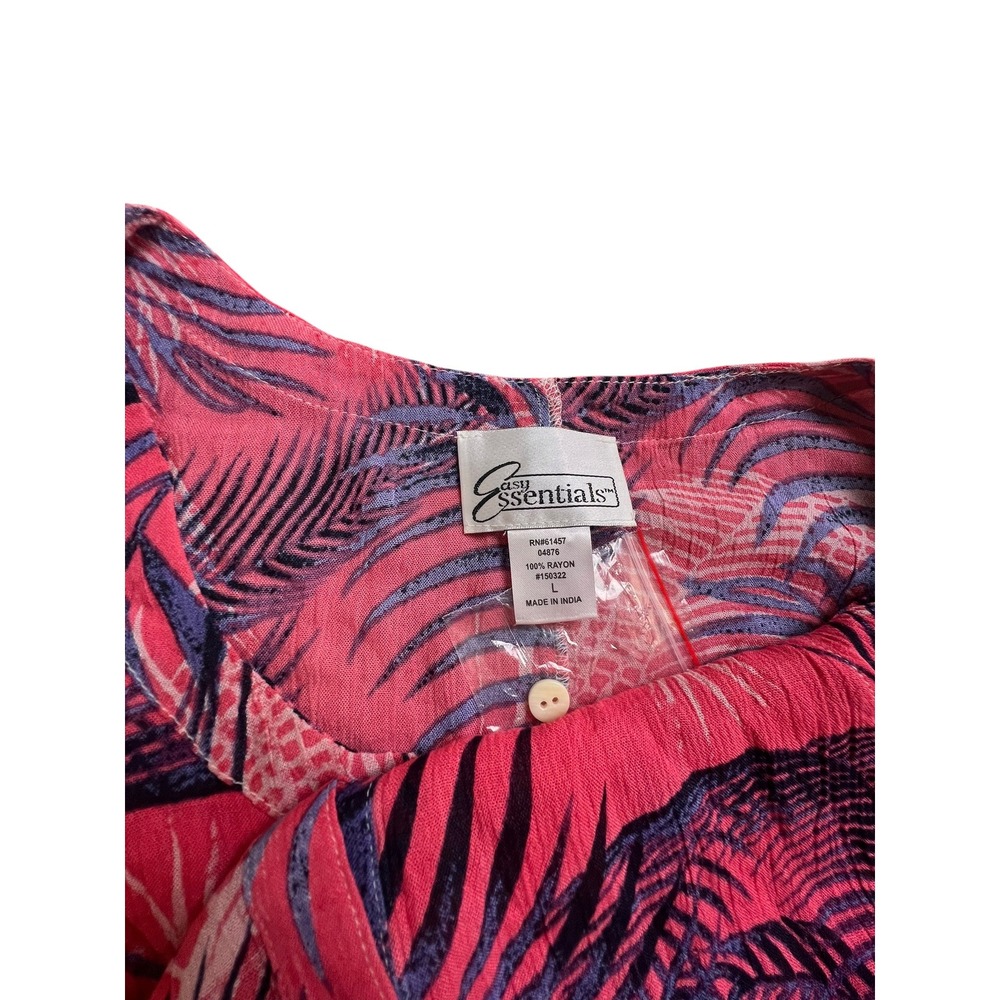 Easy Essentials Pink Purple Tropical Palm Print Rayon Button Front Midi Dress L - Picture 9 of 11